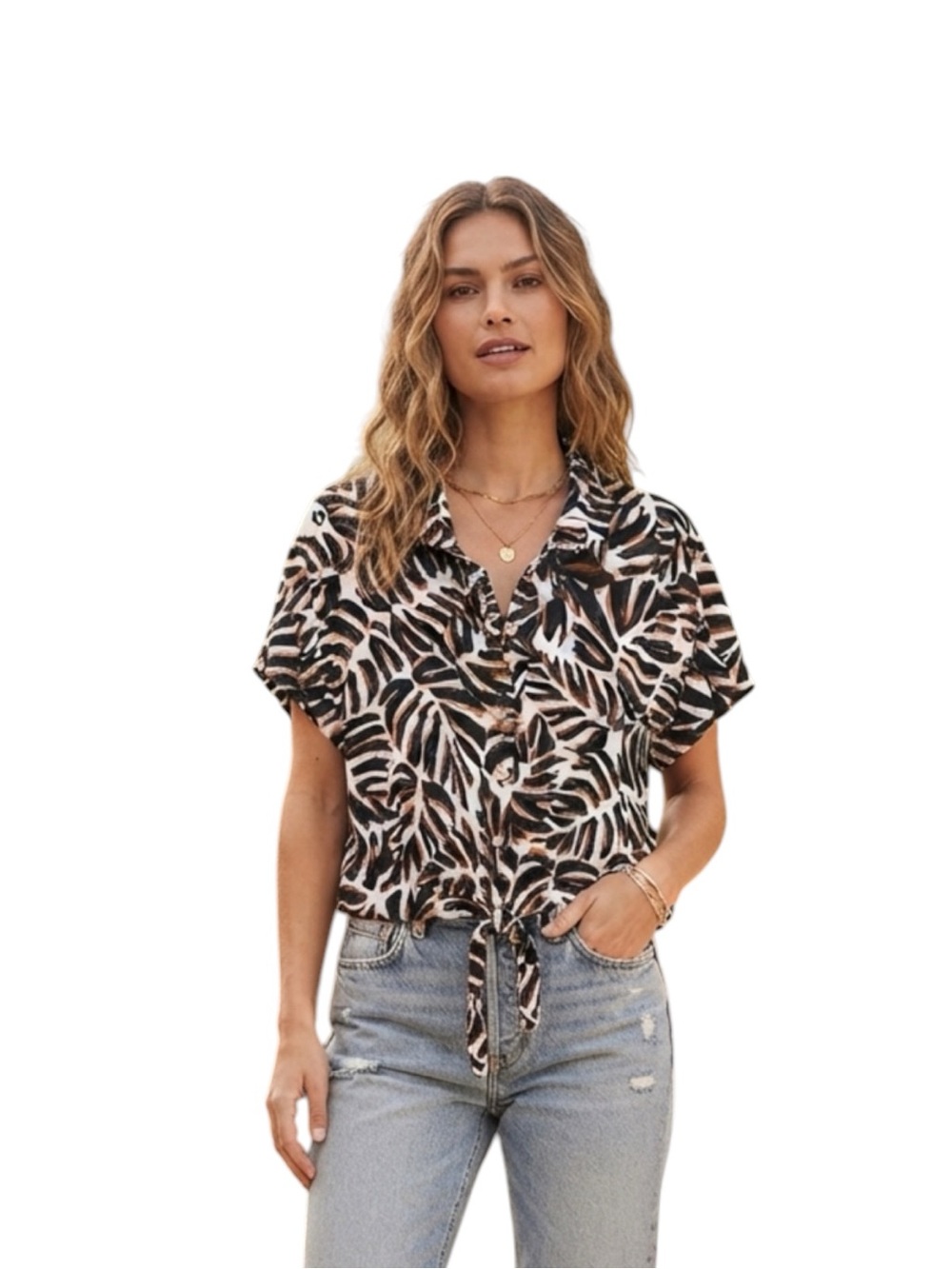 Meg & Margot Button-Front Leaf Print Blouse - Black, Brown, Cream NWT Size 2X